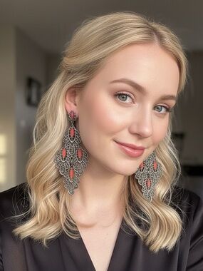 Source Unknown Coral Accent Filigree Teardrop Earrings
